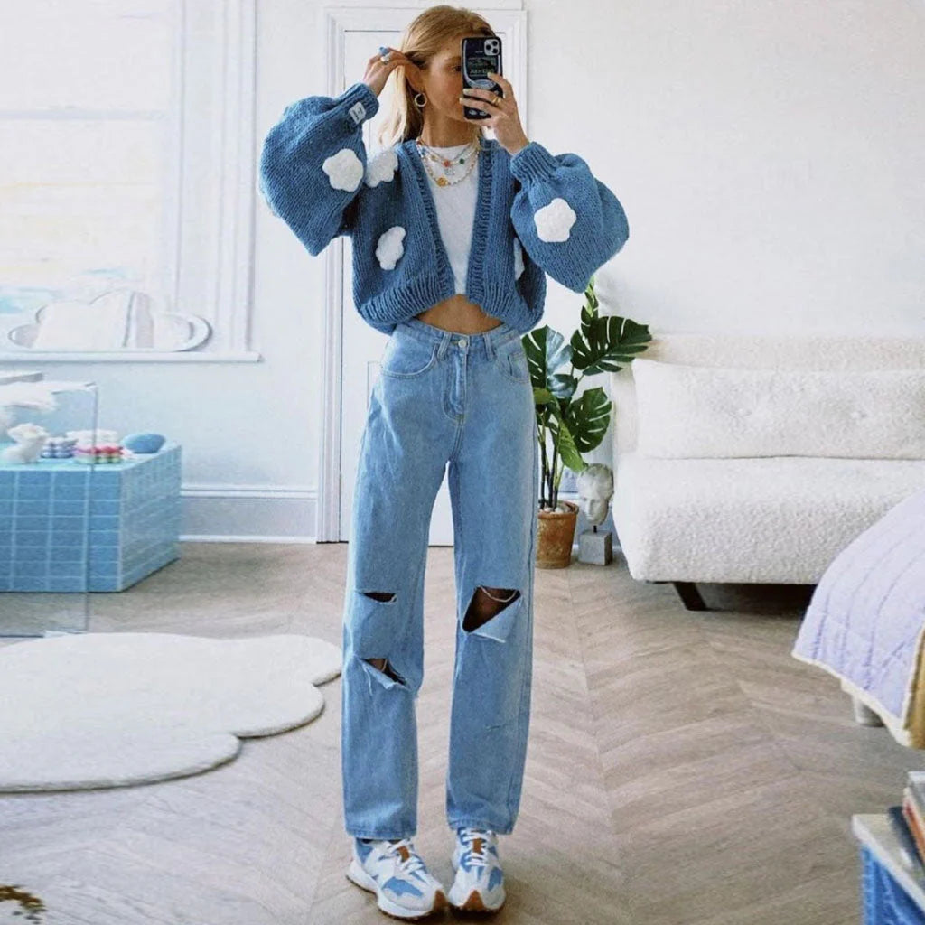Cute Cloud Studded Bishop Sleeve Open Front Cardigan - Blue