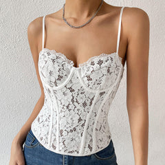 Sweet Underwire Sweetheart Sleeveless Sheer Lace Corset Top - White