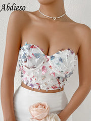 Back To College Strapless Summer Butterfly Crop Corset Top Women Fashion 2022 White Backless Sexy Tube Tank Tops Party Corsets Elegant