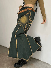 Slit Vintage Star Embroidered Denim Maxi Skirt