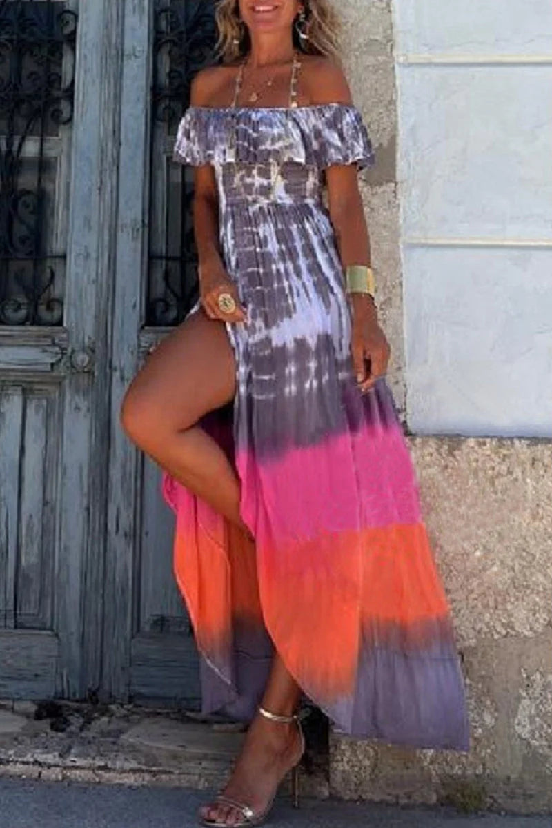 Street College Tie Dye Printing Off The Shoulder Printed Dress Dresses