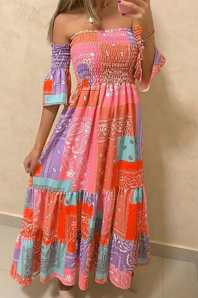 Fashion Print Split Joint Off The Shoulder Waist Skirt Dresses