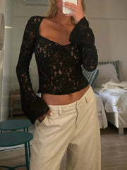 Pydshop Women Mesh Top Lace Long Sleeve Front Tie Slim Fit See Through Shirt Floral Lace Sexy Crop Tops Tee Blouse Y2K Streetwear