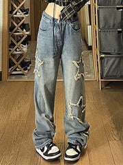 Vintage Wash Distressed Star Patch Boyfriend Jeans