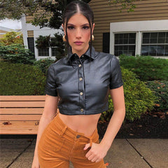 90S Short Sleeve Crop Blouse - Black