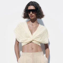 Dainty Lace Panel Deep V Twist Trim Dolman Sleeve Crop Top - Beige