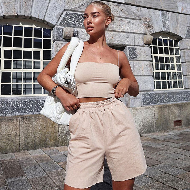 Spaghetti Strap Square Neck Crop Tank Top - Apricot