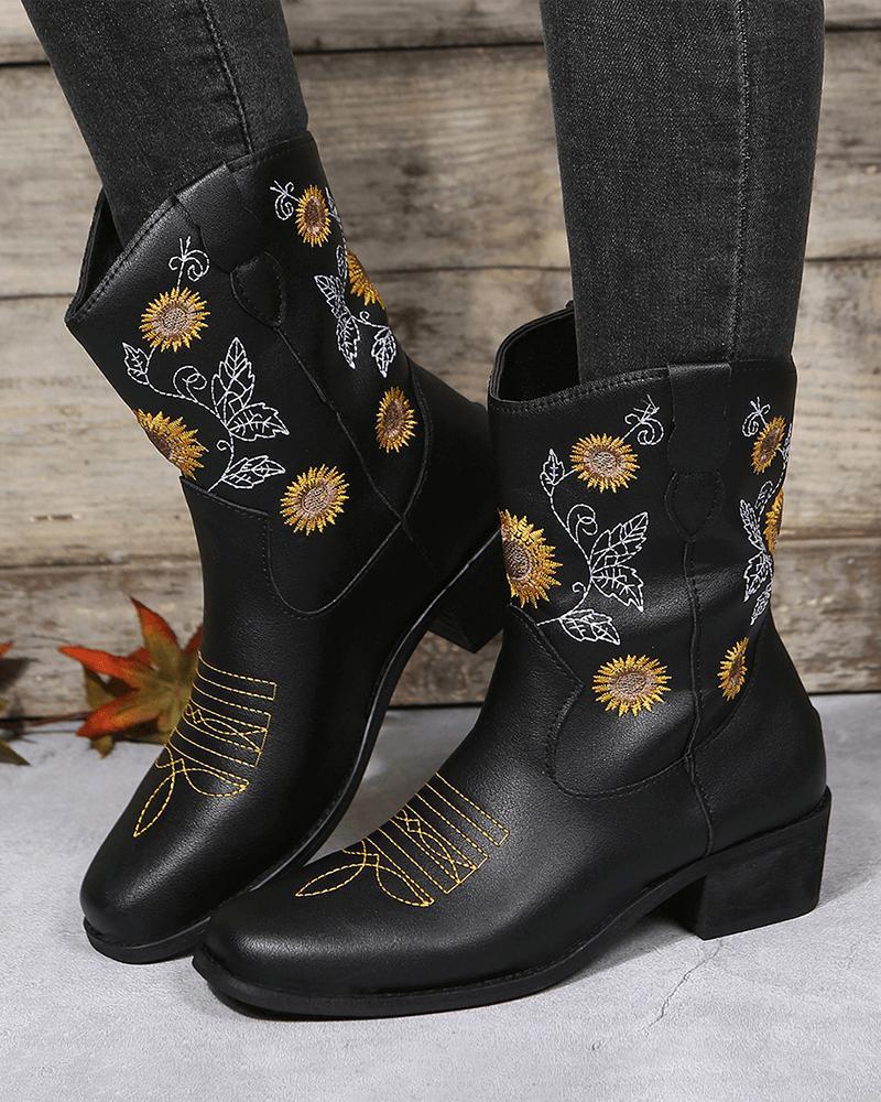 Women'S Casual Daily Floral Embroidery Slip On Boots