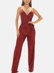 Sequin Sleeveless Jumpsuit With Belt