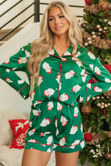 Green Christmas Santa Claus Print Satin Shirt And Shorts Pajama Set