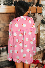Pink Christmas Santa Claus Print Satin Shirt And Shorts Set