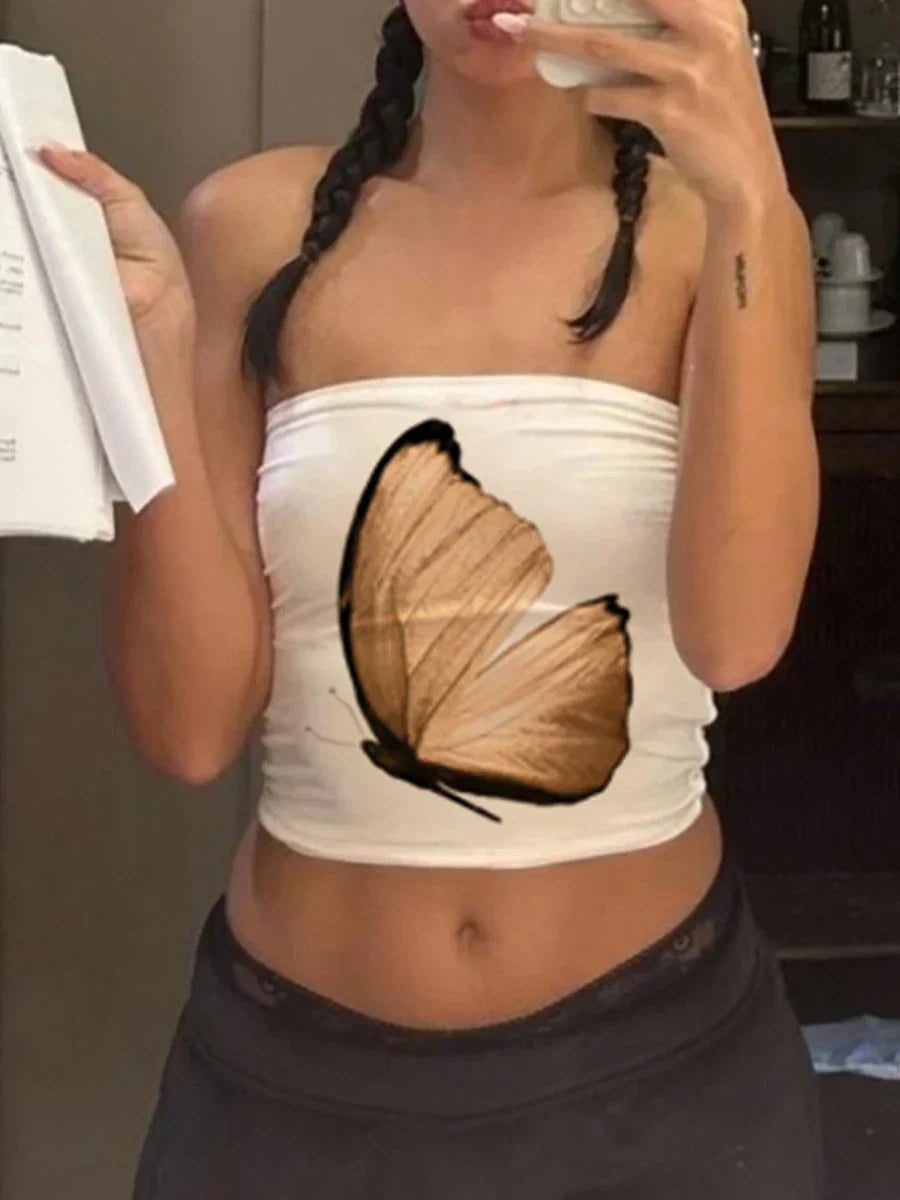 Pydshop Floral Print Strapless Tube Tops Summer Y2K Smocked Crop Tops Women Sexy Slim Fit Off Shoulder Backless Bandeau Tops Streetwear