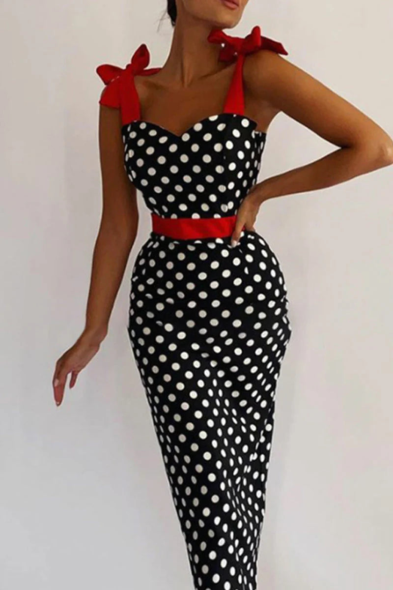 Elegant Polka Dot Contrast Off The Shoulder One Step Skirt Dresses