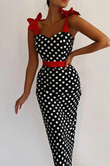 Elegant Polka Dot Contrast Off The Shoulder One Step Skirt Dresses