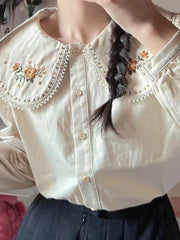 Pydshop Kawaii Shirt Women Floral Embroidery Peter Pan Collar Long Sleeve Blouse Japan Elegant Fashion Design Harajuku New Tops