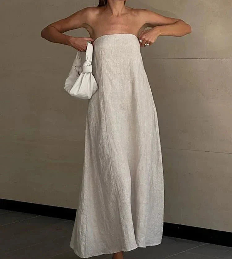 Elegant Linen Strapless Long Dress