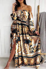Fashion Print Off The Shoulder Waist Skirt Dresses(4 Colors)
