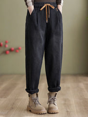 Women'S Winter Velvet Thickened Jeans Elastic Waist Tied Harem Pants