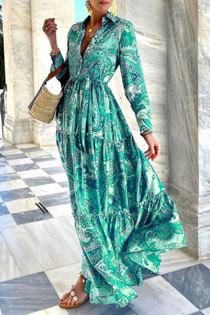 Street Print Buckle Polo Collar A Line Dresses(3 Colors)
