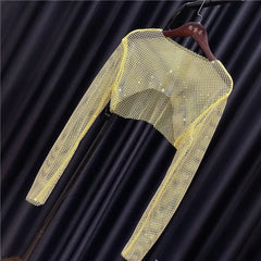 Pydshop Taruxy Sparkly Crystal T-Shirts Women O-Neck Hollow Out Sexy See Through Tank Tops Night Partywear Crop Shirts Tee Y2K Tops Christmas Gifts