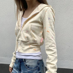 Pydshop Sweet Floral Print Hoodie Sweatshirts 2024 Autumn New Slim Fit Tops Mujer Y2K Grunge Long Sleeve Zipper Cardigan Jackets