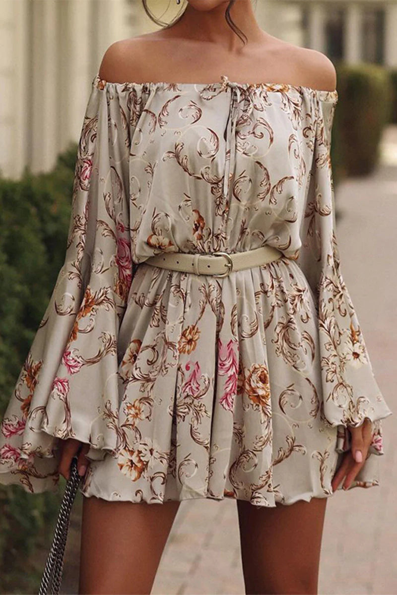 Sexy Vacation Floral Print Lace Up Off Shoulder Printed Dresses(No Waist Belt)