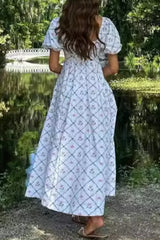 Elegant Floral Print Patchwork Square Neck A Line Short Sleeve Dress
