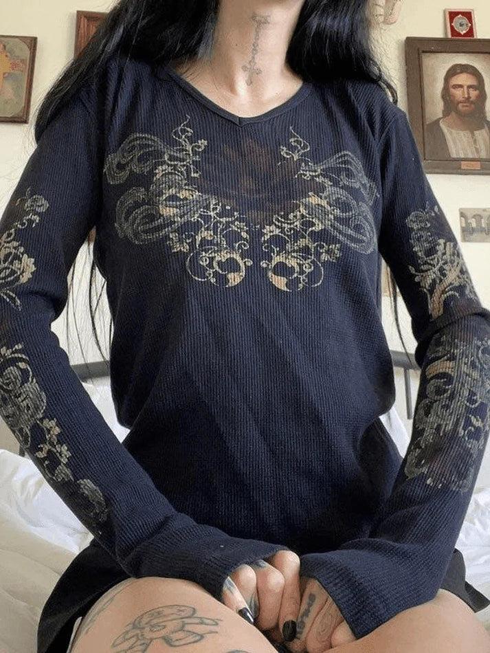 Long Sleeve Baroque Print Rib Top