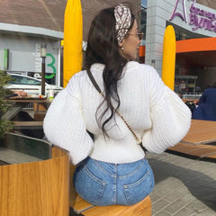 Round Neck Bishop Sleeve Crop Pullover Sweater - White