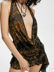 Backless Asymmetrical Design Ruffles Halter Leopard Sleeveless Short Dress