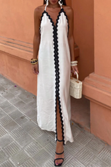 Sexy Street Ripple Lace Up Patchwork Backless Contrast Halter Sleeveless Dresses