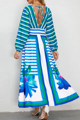 Elegant College Striped Floral Patchwork V Neck Printed Dress Dresses