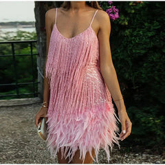 Sexy Tassel Sequins Feather Mini Dress