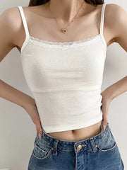 Lace Trim Solid Color Crop Cami Top