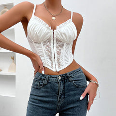 Ruffled Sweetheart Hook And Eye Sheer Lace Crop Corset Top - White