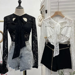 Pydshop Women'S Retro Lace Ribbon Hollow Out Long Sleeve Top Sexy Slim Fitting Bottoming Shirt  Y2K Palace Style Partyclub Streetwear