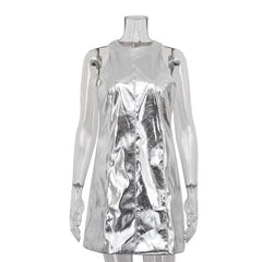 Bodycon Sliver Pu Leather O-Neck Sleeveless Mini Dresses