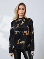 Pydshop Women'S Autumn Blouses Retro Leopard Print Long Sleeve Mock Neck Pullover Tops Ol Business Basic Shirts Party Clubwear