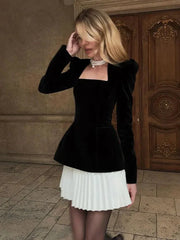 Elegant Black Velvet Mini Dress With Long Sleeves