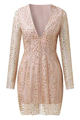 Fashion Elegant Patchwork Sequins See-Through Mesh V Neck Pencil Skirt Dresses