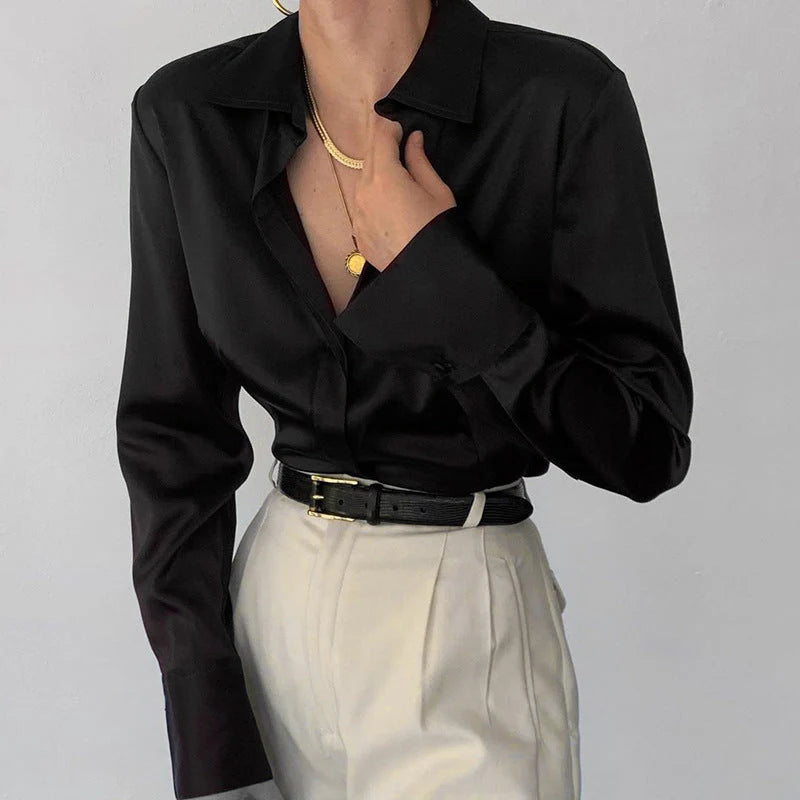 Pydshop 2024 V Neck Long Sleeve Satin Shirt Women Elegant Autumn Winter Black   Fashion Blouse Lady Office Tops