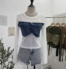 Pydshop Hot Girl American Retro Denim Mesh Patchwork Top Sexy See Through Drawstring Long Sleeve Short T-Shirt Party Casual Streetwear